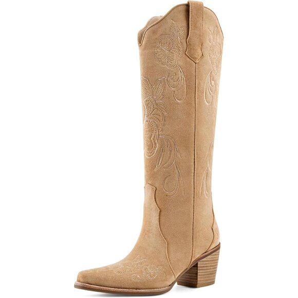Shoes - Women's Beige Knee High Cowgirl Western Boots Pointed Toe Chunky Block Heel